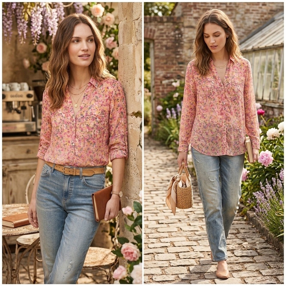 KUT from the Kloth Jasmine Chiffon Button-Up Sheer Shirt Roll-Tab Sleeve Floral